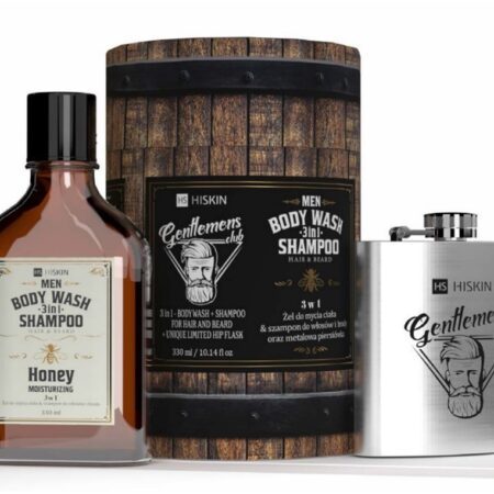 HiSkin Men's 3-in-1 Body Wash, Hair & Beard Shampoo 300 ml + Metal Hip Flask